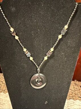 Source Unknown Black Hematite Bead Necklace with Circular Pendant